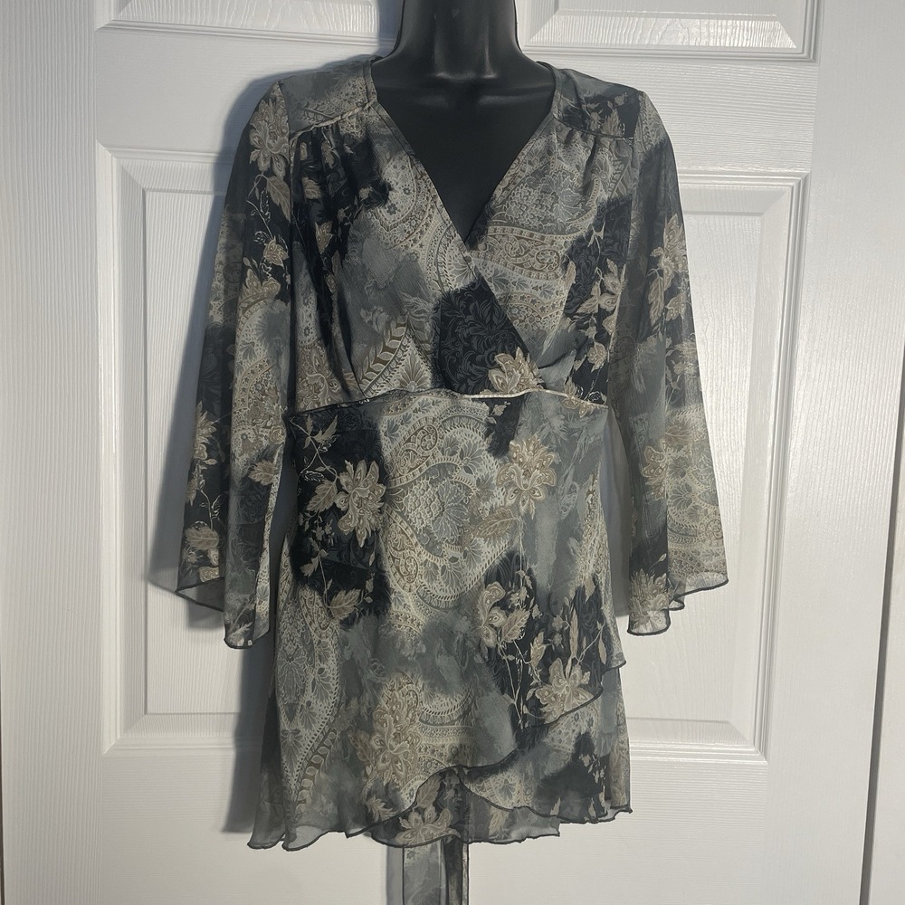 Sheer Floral Paisley Wrap Blouse - Black & Cream